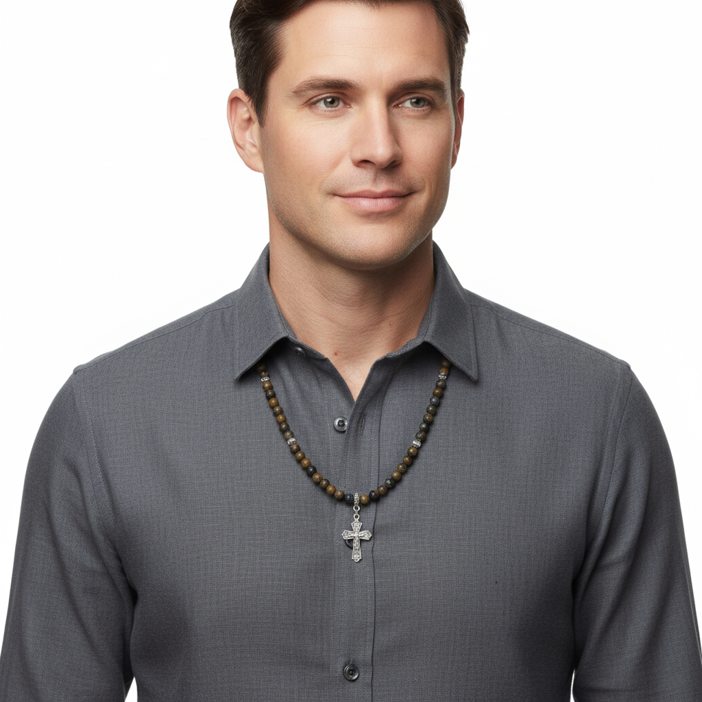 Artistic Stone Mens Brown Beaded Necklace with Silver Cross on a man