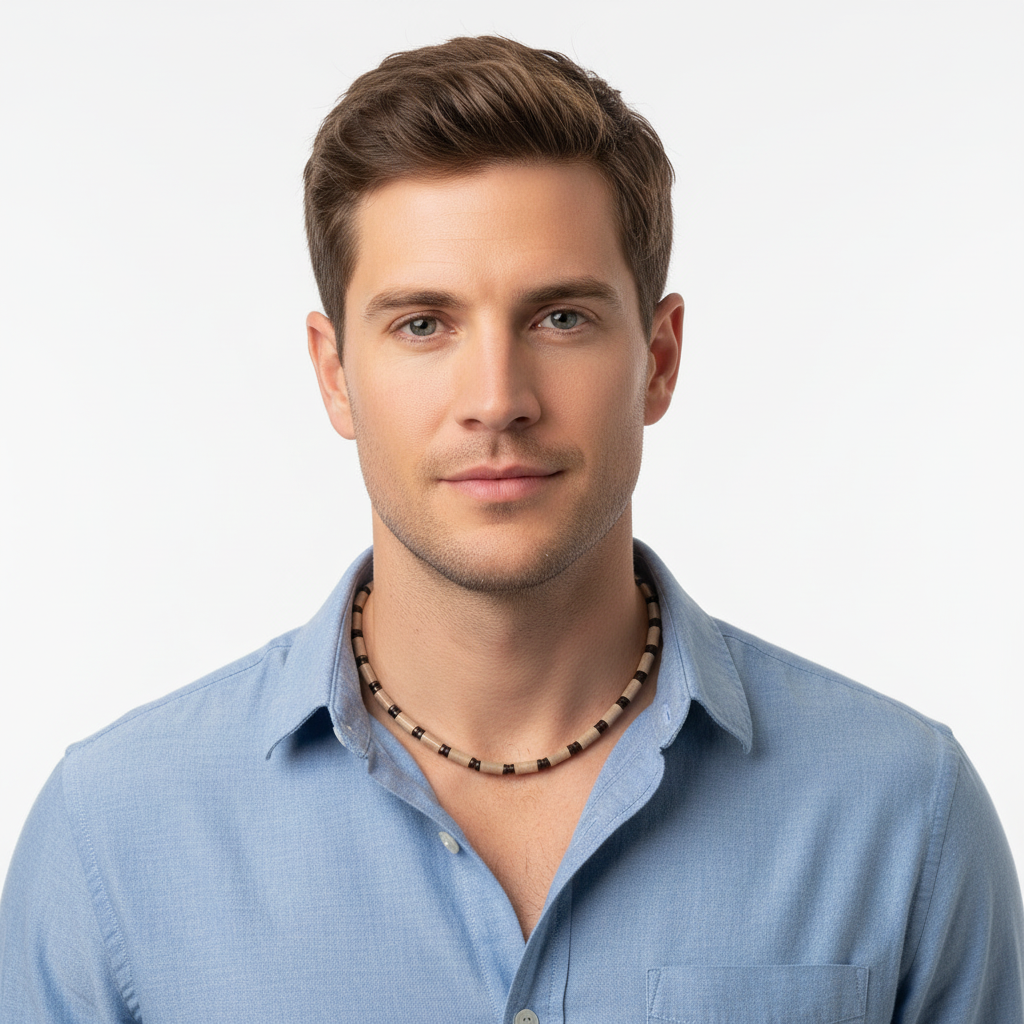 Mens Mushroom Agate and Wood Beaded Necklace