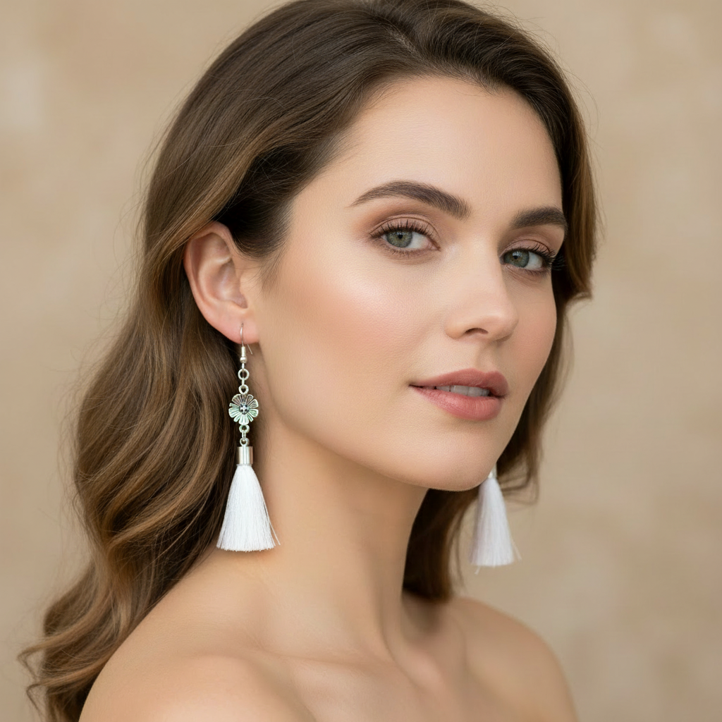 Antique Silver Flower with White Tassel Dangle Earrings On A Woman.