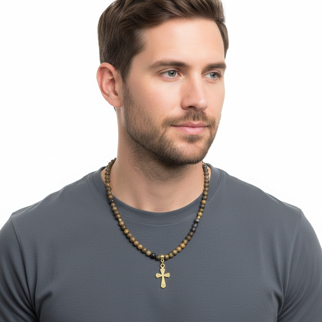 Artistic Stone Mens Gold Cross Necklace On A Man.