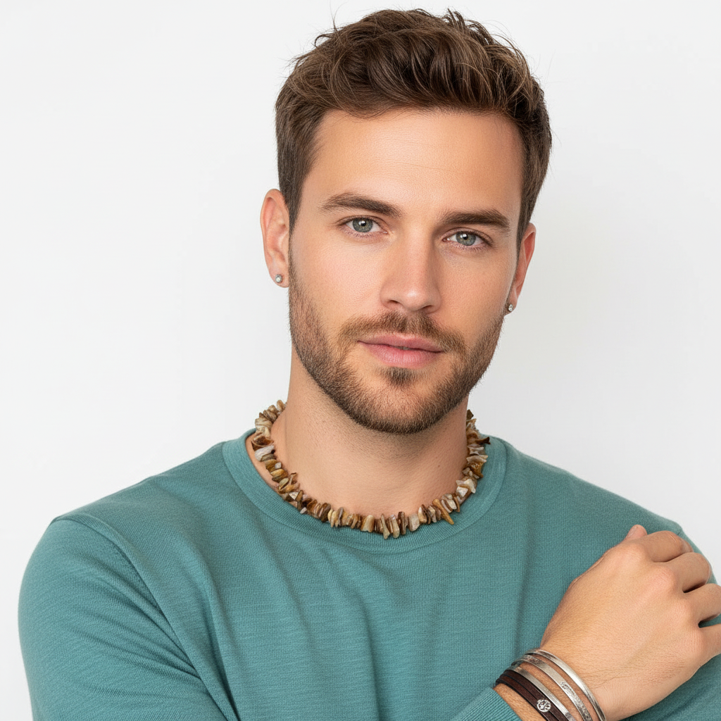 Brown and white shell chip beaded necklace on a man.