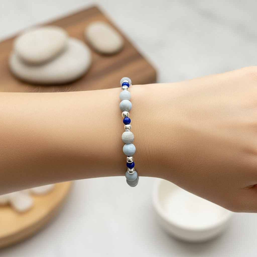 Light Blue Denim Agate Bracelet On A Womans Wrist