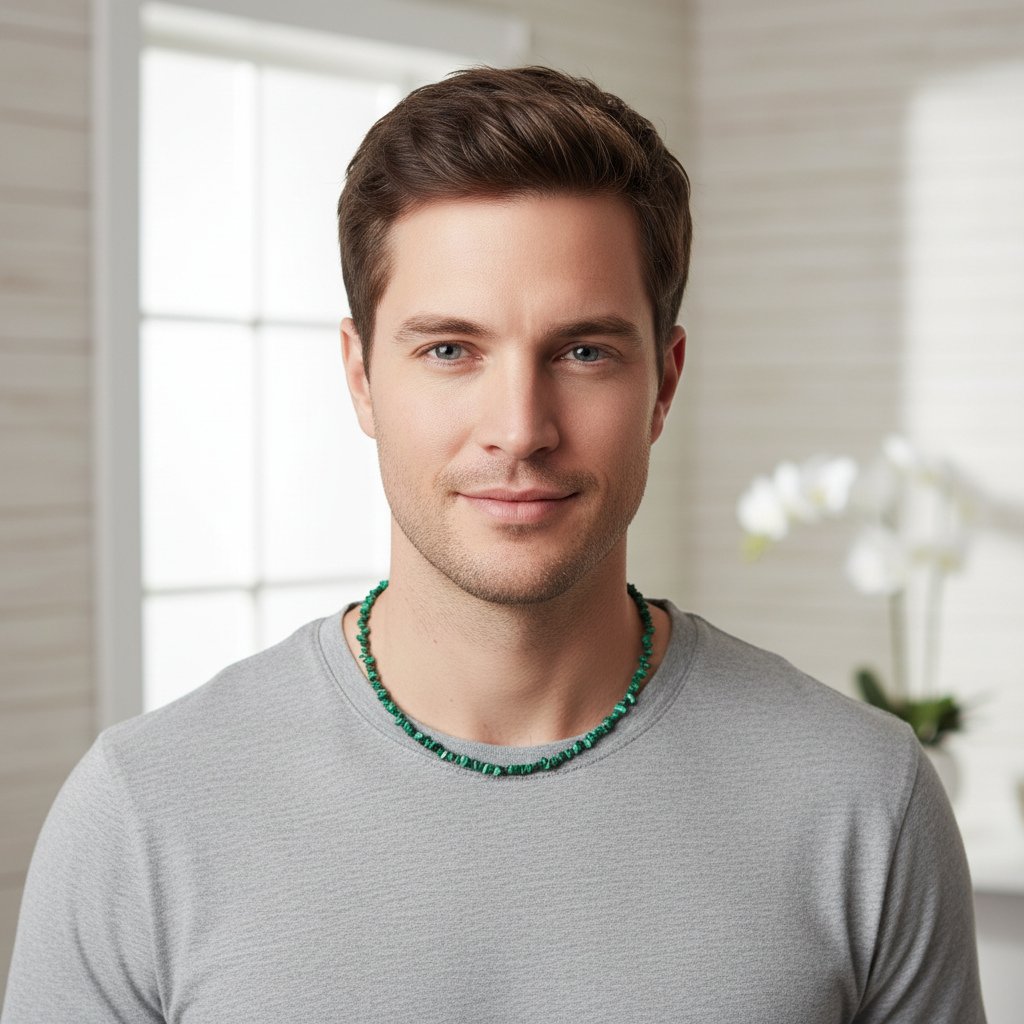 Malachite Chip Necklace On A Man.