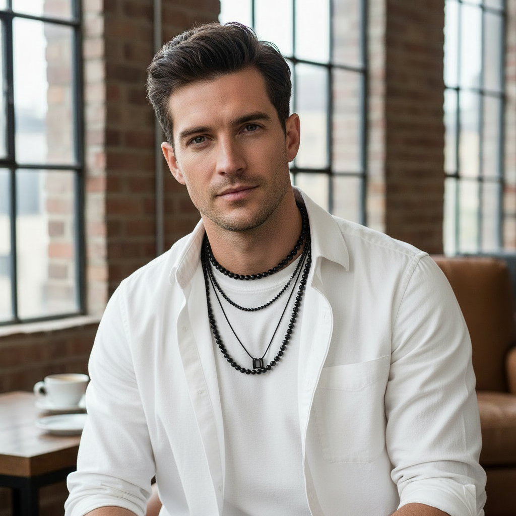Male model in white shirt wearing black onyx beaded necklaces.