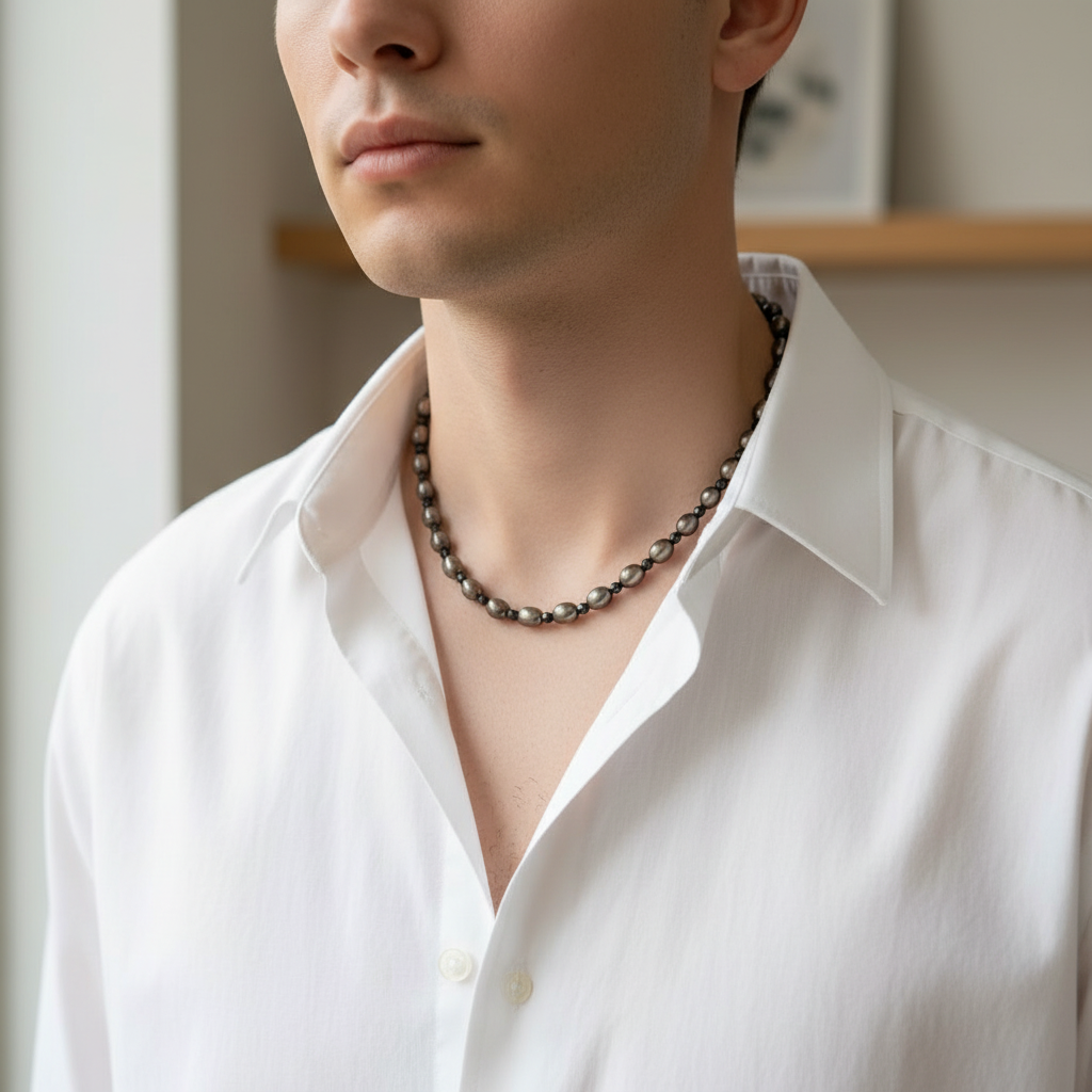 Male model in white shirt wearing bronze pearl necklace.