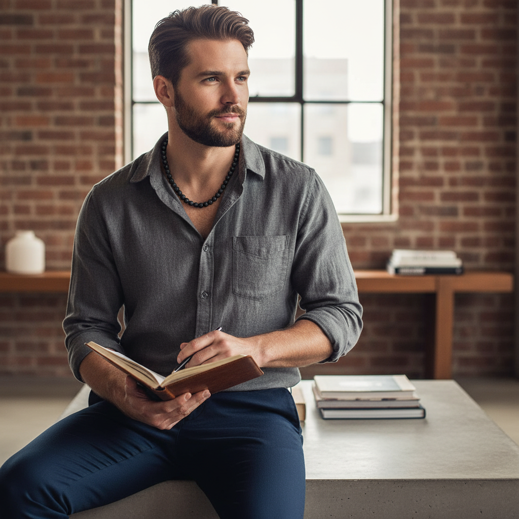 Male model wearing black lava beaded necklace.