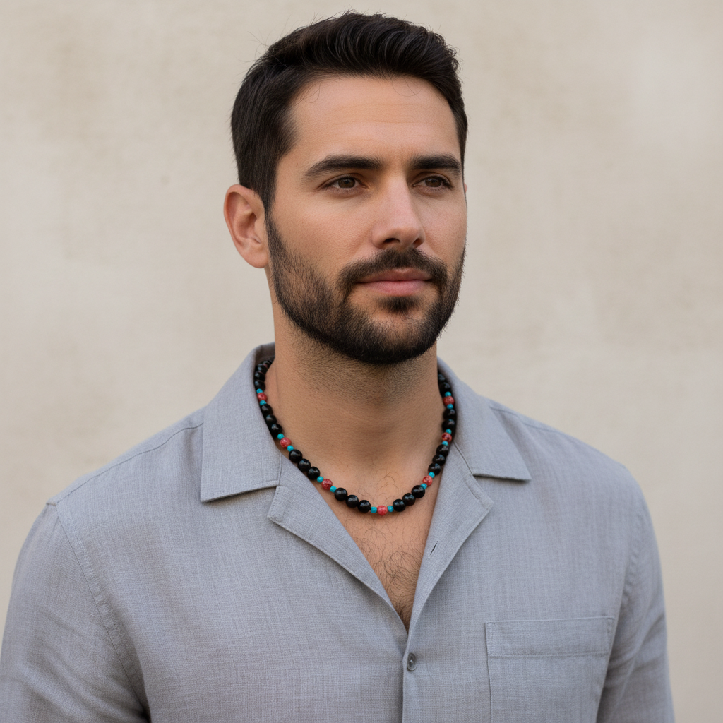 Black onyx necklace with turquoise and coral beads On a male model.