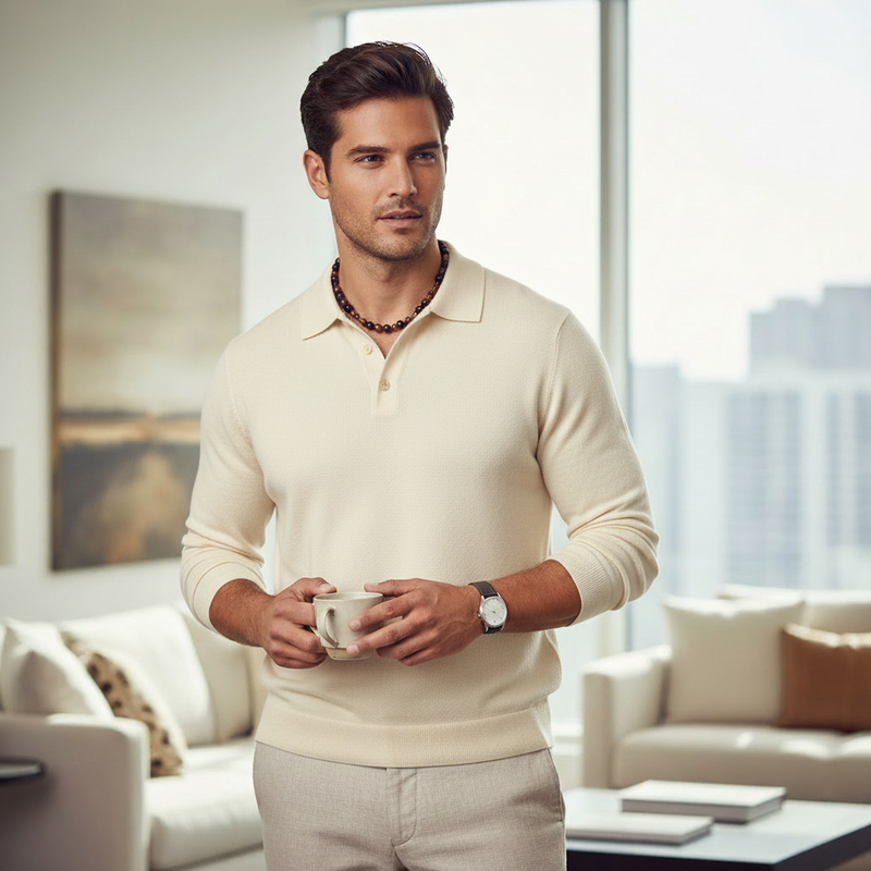 Male model wearing brown and black agate beaded necklace.