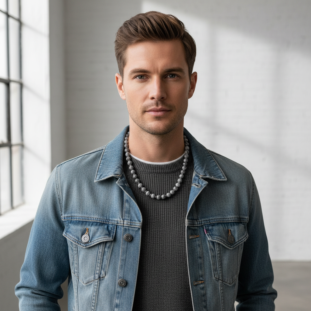 Male model wearing gray map jasper and silver beaded necklace.