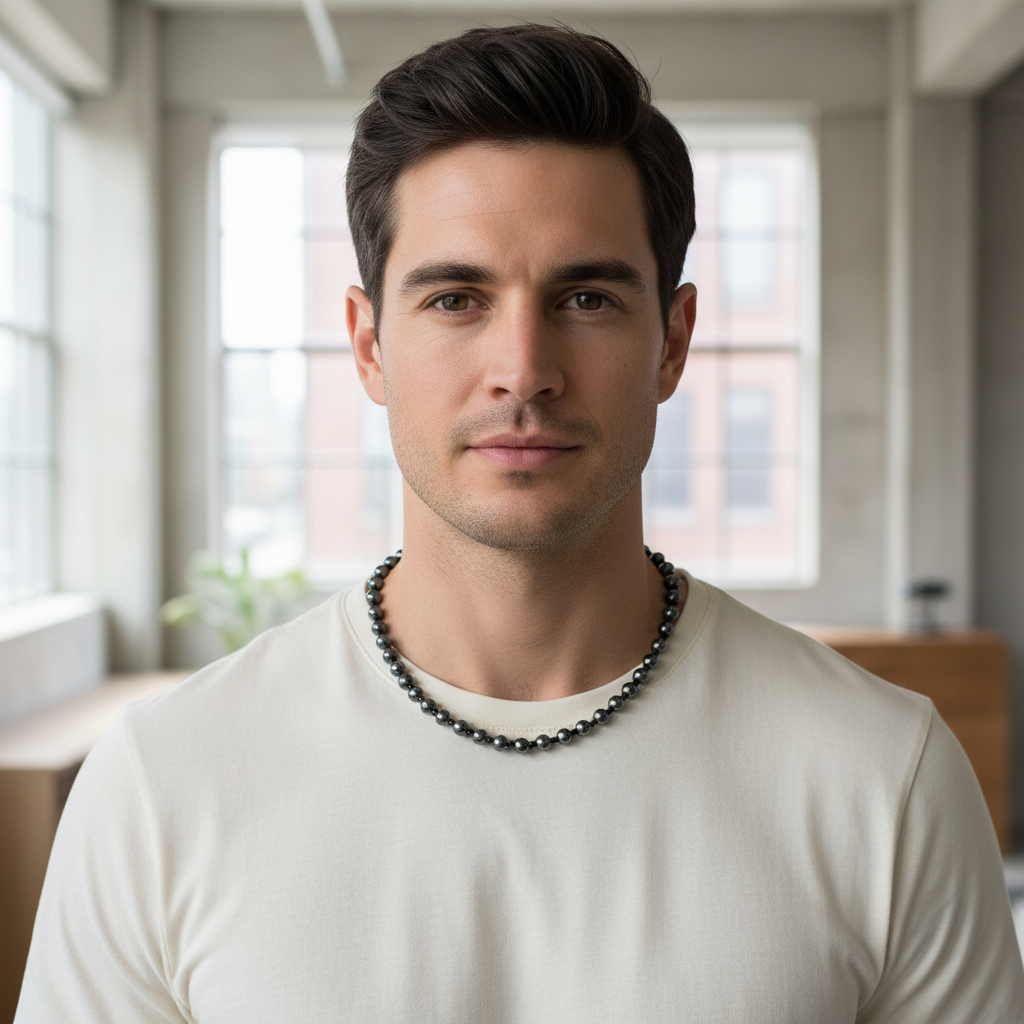 Male model wearing hematite and black beaded necklace.