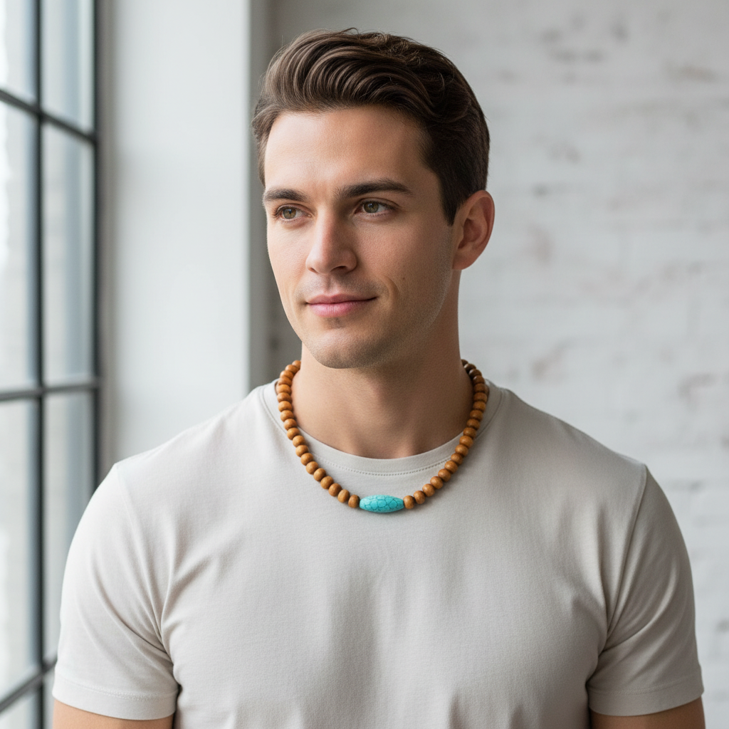 Male model wearing longer brown wood and turquoise magnesite beaded necklace.