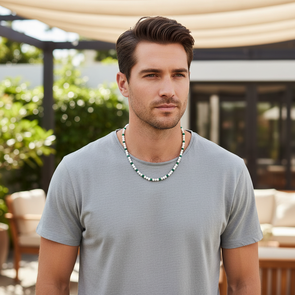 Male model wearing white howlite and green onyx beaded necklace.