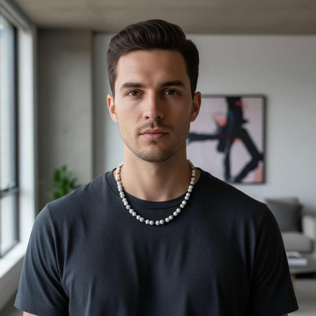 Male model wearing white howlite and hematite necklace with dark shirt.