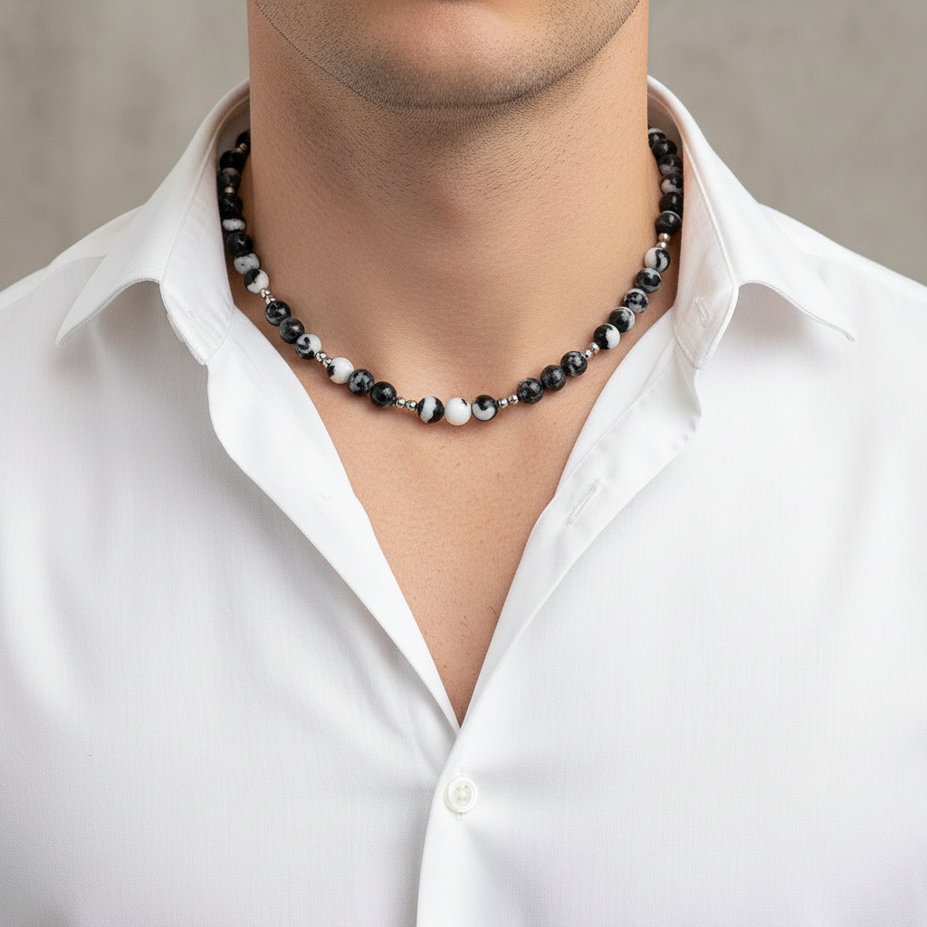 Black Zebra Agate Necklace on a man.