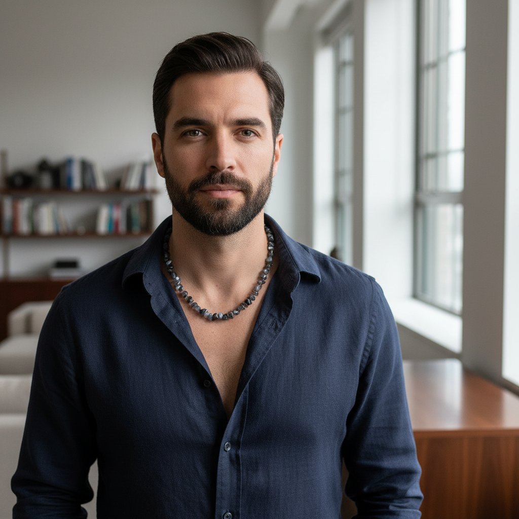 Man wearing chrysoberyl necklace.