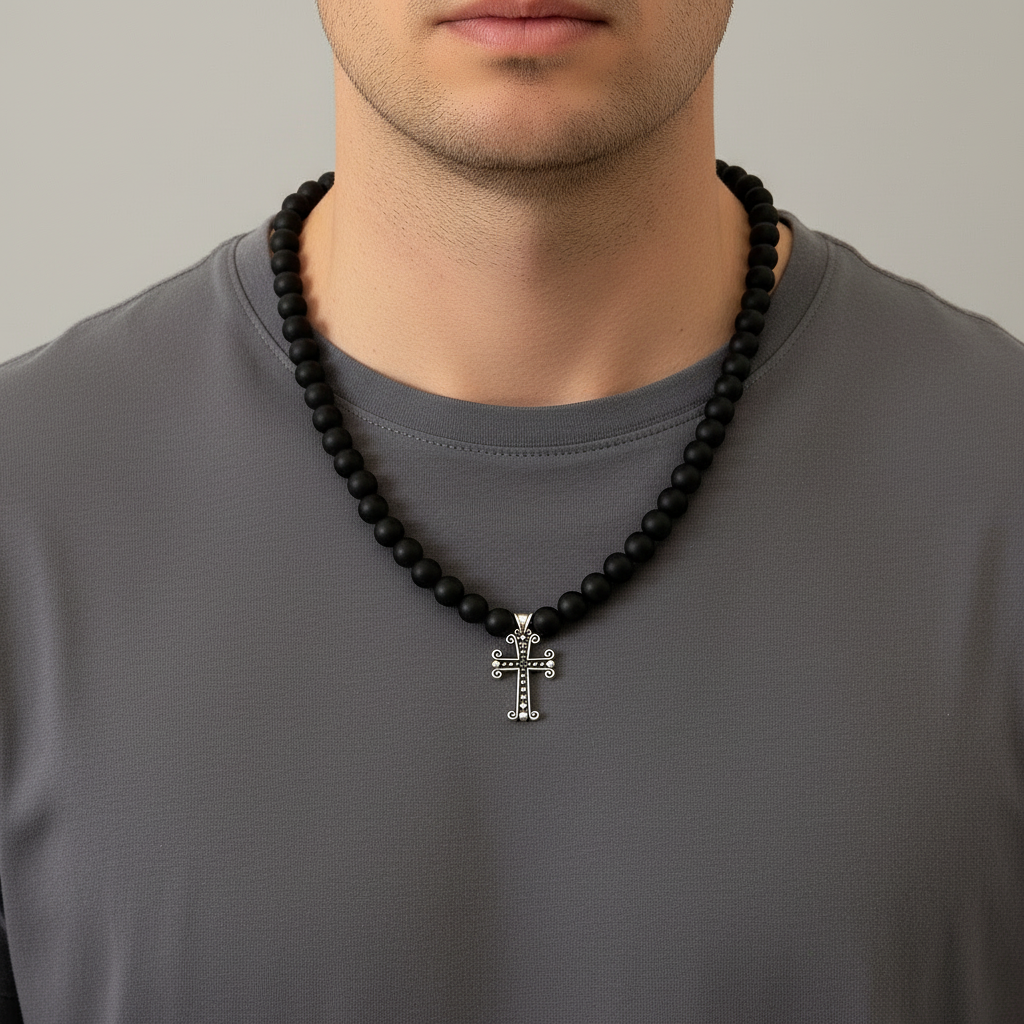 Matte Black Onyx and Ornate Silver Cross Mens Beaded Necklace 