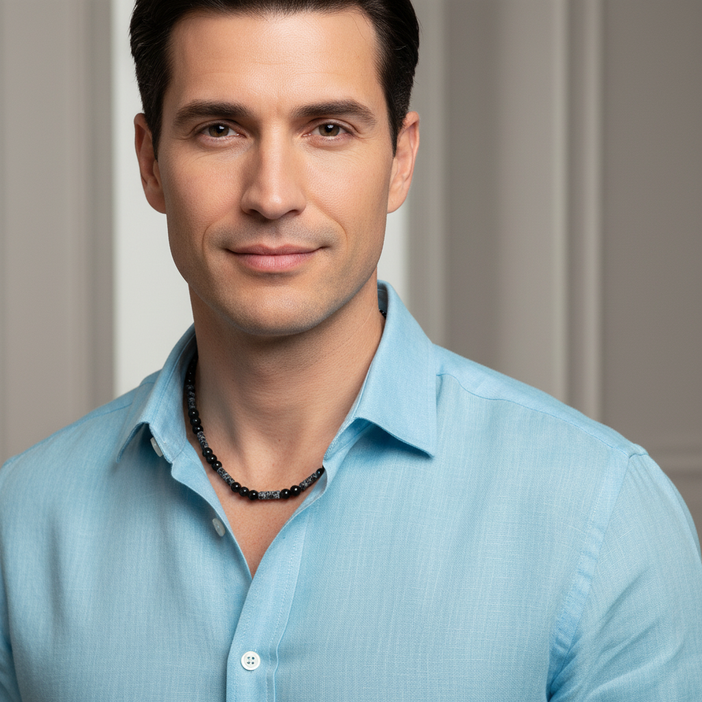 Mens Black Onyx and Snow Jasper Beaded Necklace On A Man.