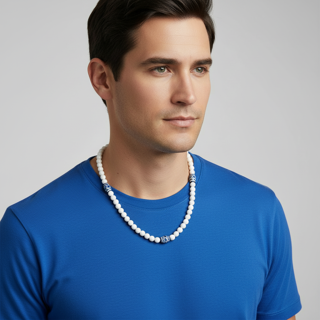 Mens White Shell and Electric Blue and White Barrel Bead Necklace On A Man.