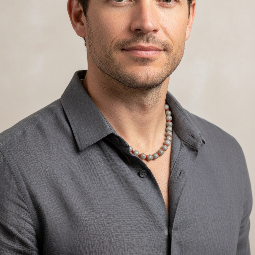 Mens Gray Wood Like Agate and Terra Cotta Beaded Necklace.