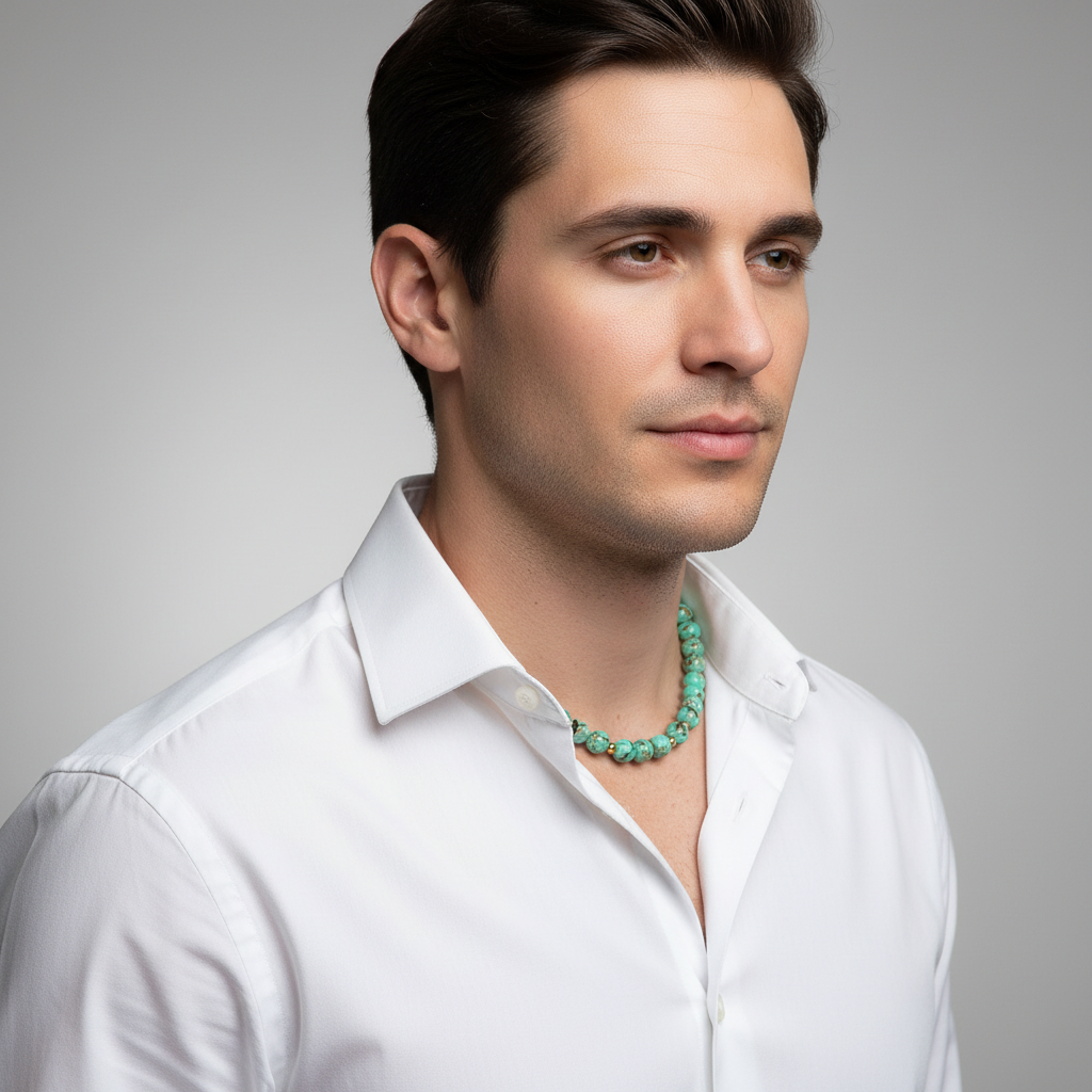 Sea green howlite necklace on man