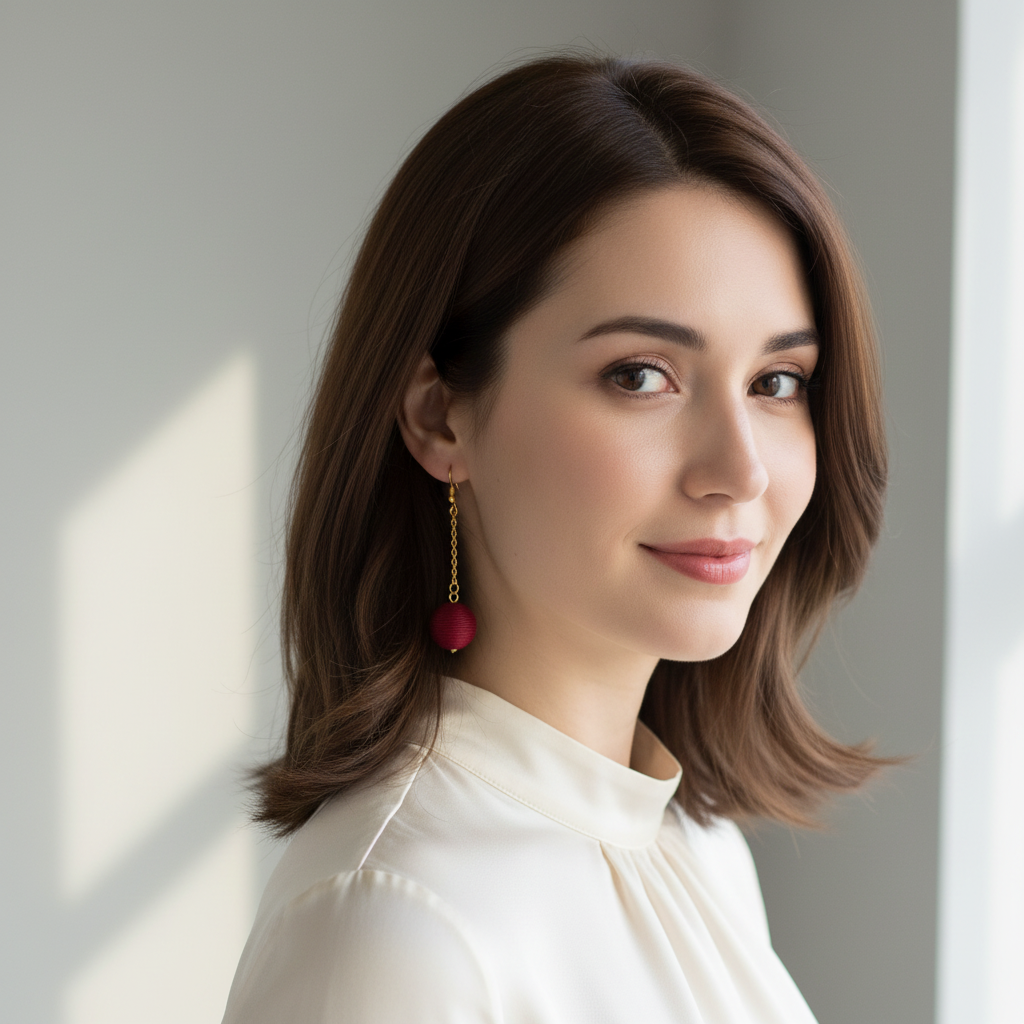 Maroon Ball Long Dangle Earrings On A Woman Model.