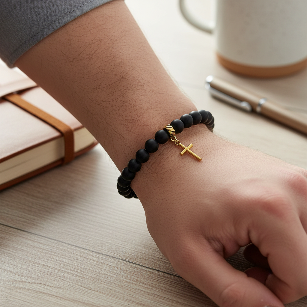 Matte Black Onyx and Gold Cross Bracelet On A Mans Wrist.