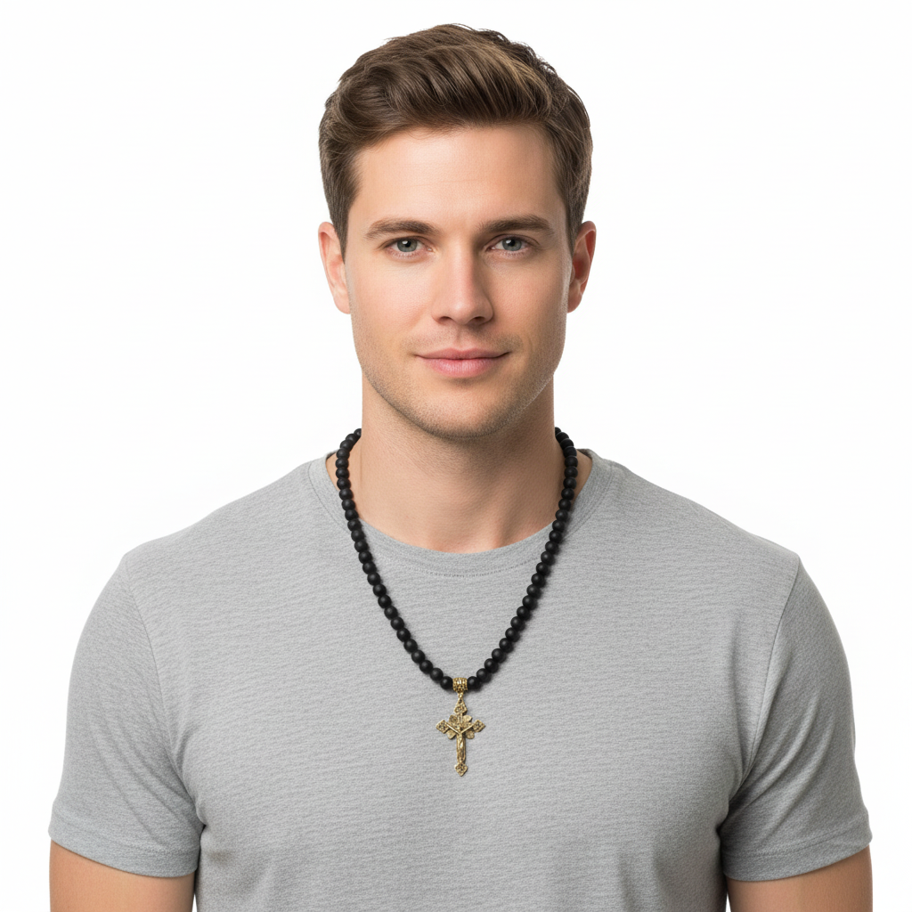 Matte Black Onyx and Gold Cross Necklace On a Man
