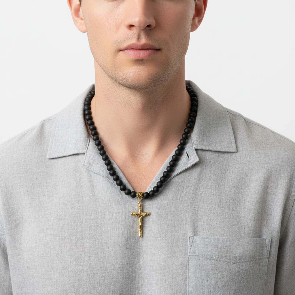 Matte Black Onyx and Gold Cross with Jesus Mens Beaded Necklace On A Man.