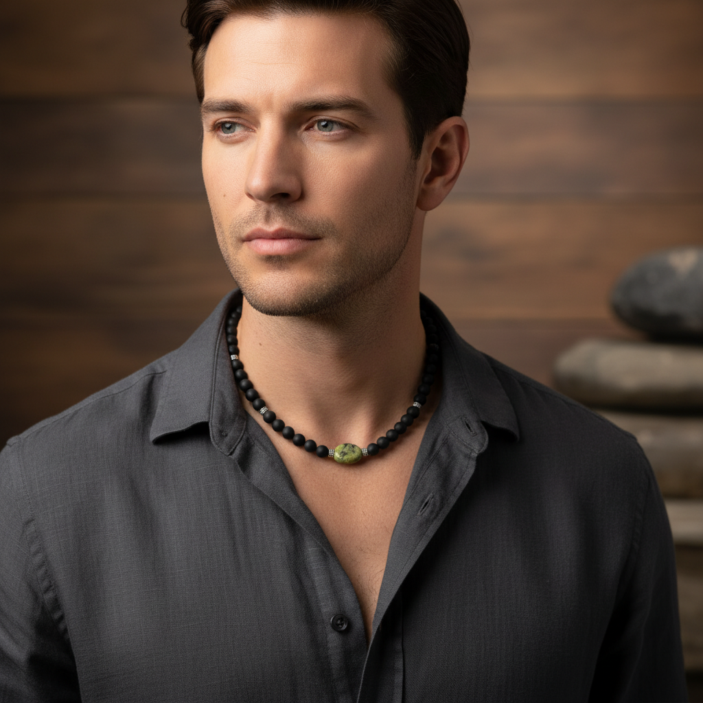 Matte Black Onyx and Serpentine Mens Beaded Necklace On A Man