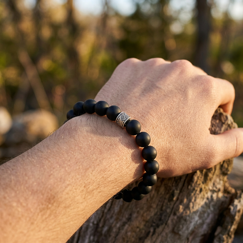 Matte black onyx beaded bracelet on a  man's wrist outdoors