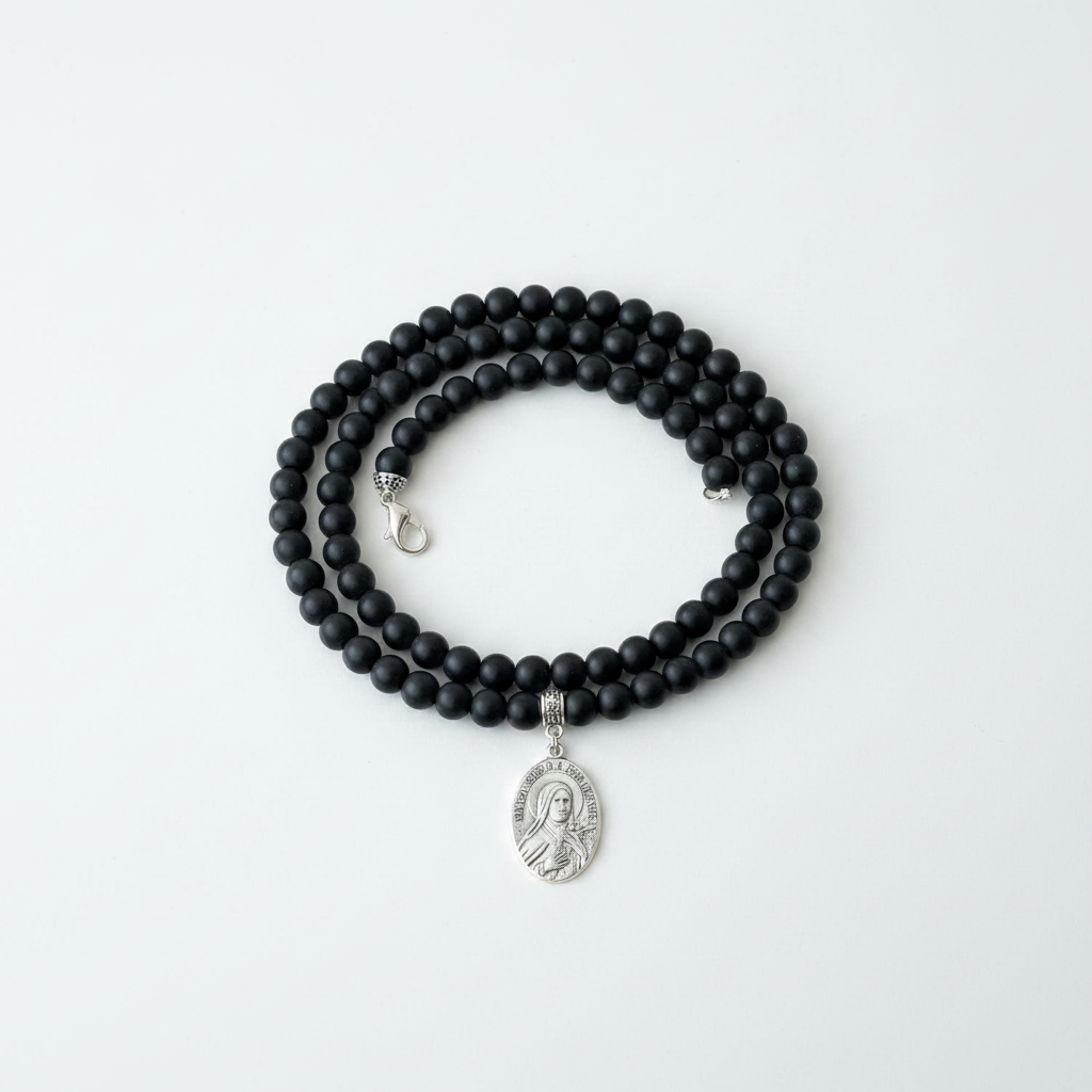 Matte Black Onyx Beaded Necklace on Table 
