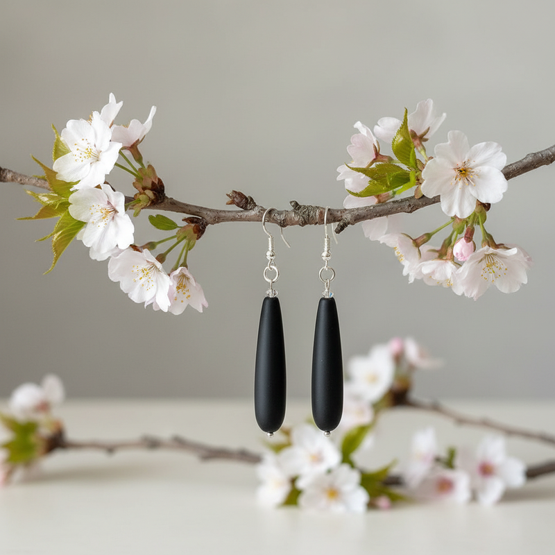 Matte Black Onyx Earrings on Floral Branch.