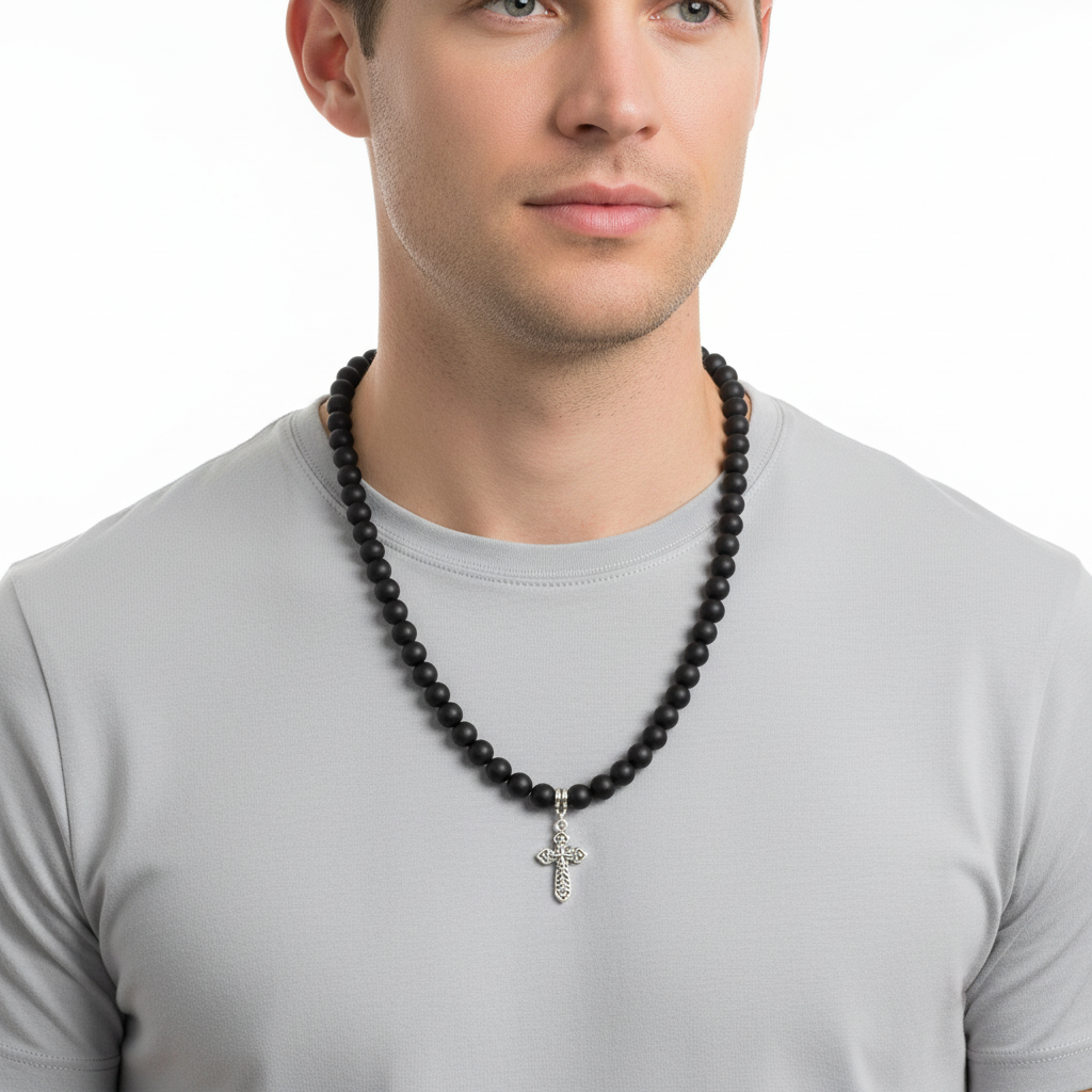 Matte Black Onyx Mens Necklace On A Man.