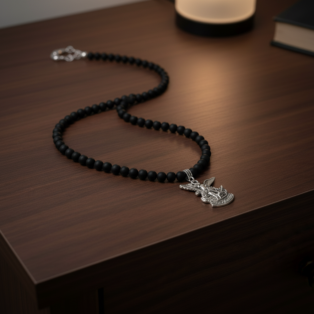 Matte Black Onyx Necklace Flat Lay on Nightstand