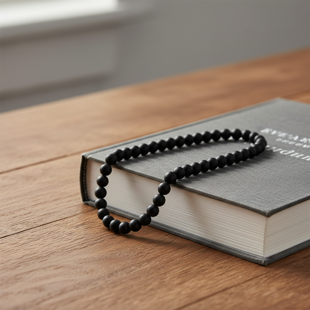 Mens Matte Black Onyx 10mm Beaded Necklace on Book.