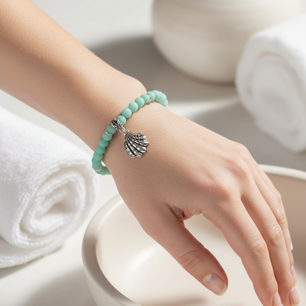 Matte Sea Green Jade Beaded Bracelet with Silver Clam Shell