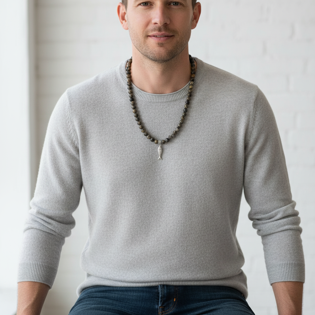 Mens Artistic Stone and Silver Fish Beaded Necklace Lifestyle