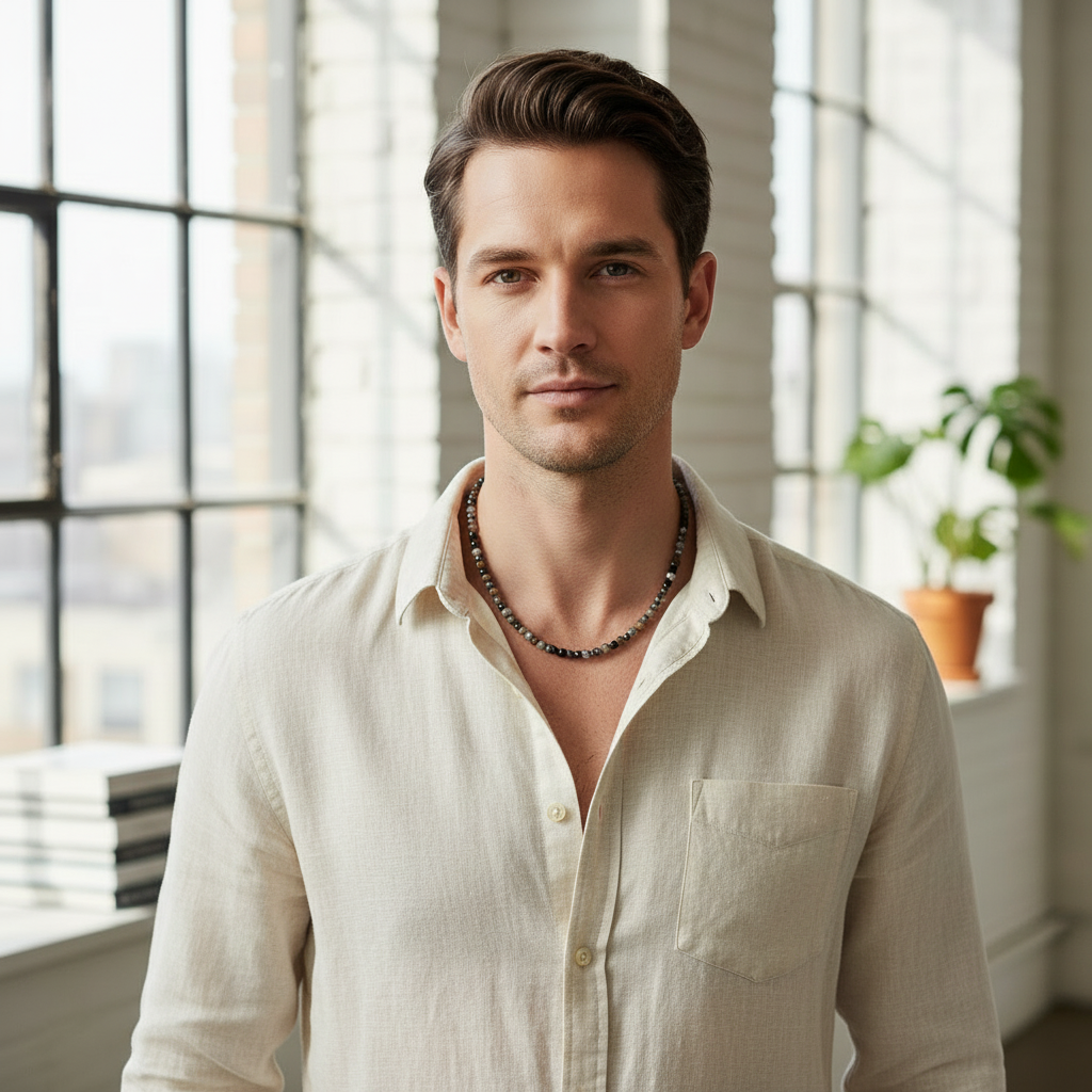 Mens Black Silver Leaf Agate and Hematite 4mm Beaded Necklace On A Model.