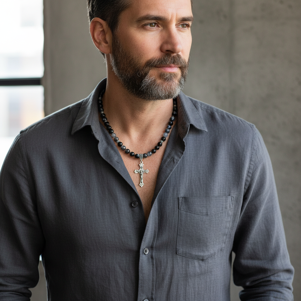 Mens Black and Blue Line Agate Beaded Necklace On A Male Model.