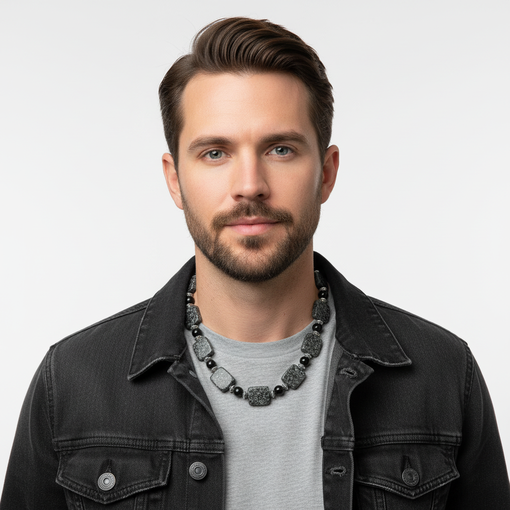 Mens Black Feldspar and Black Onyx Beaded Necklace On A Man.