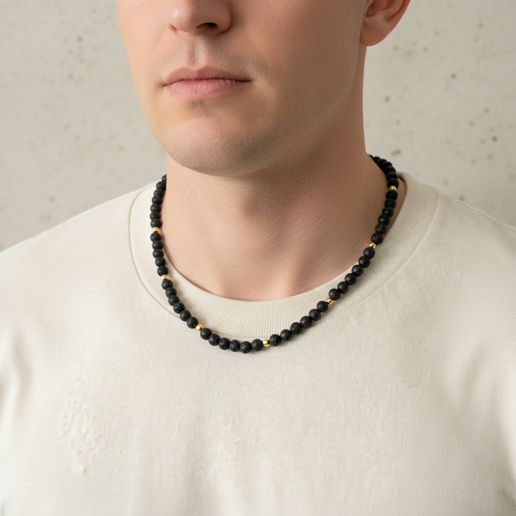 Mens Black Lava and Gold Beaded Necklace On a Man.