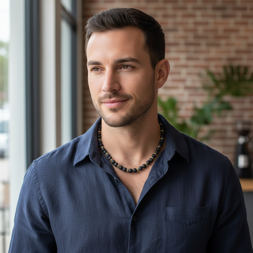 Mens Black Lava and Gold Beaded Necklace On A Male Model.