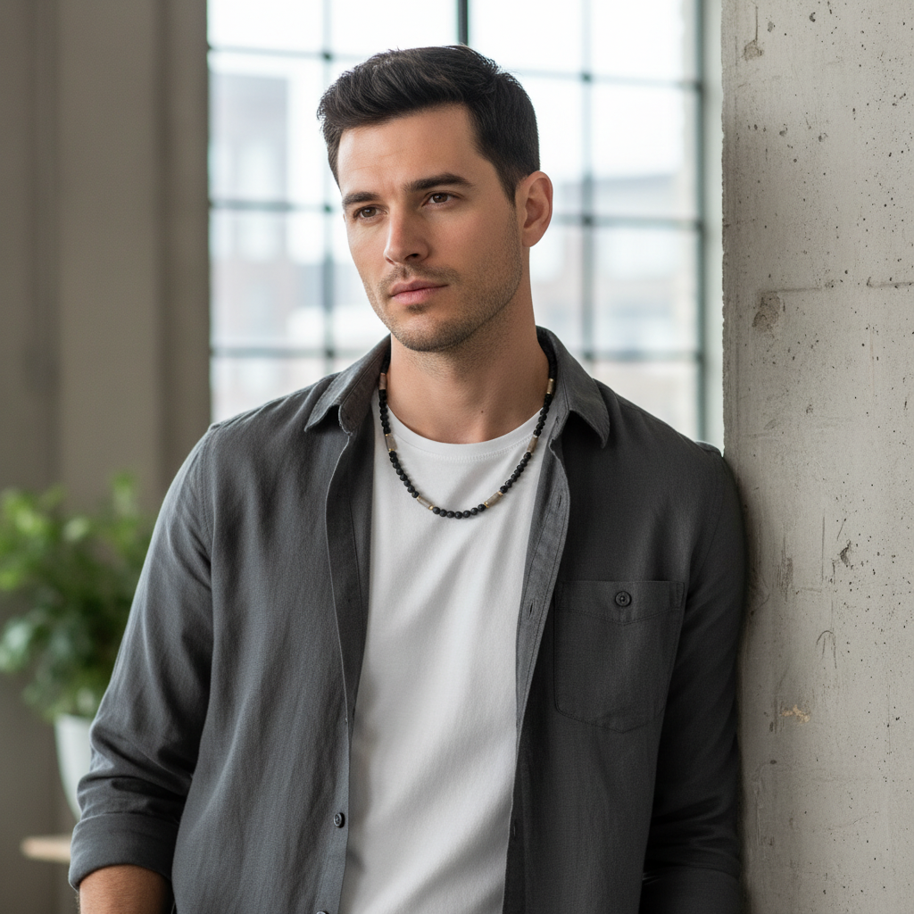 Mens Black Lava and Mushroom Agate Beaded Necklace on male model.