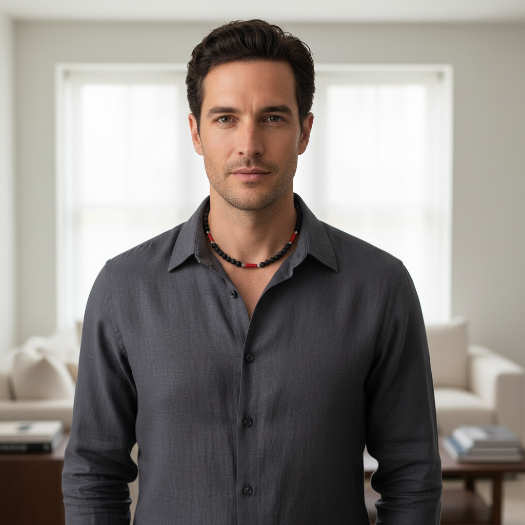 Men's Black Lava and Red Jade Beaded Necklace On A Man.