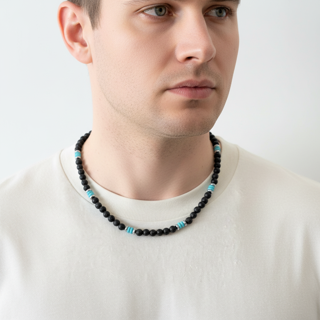Men's Black Lava and Turquoise Howlite Beaded Necklace On A Man.
