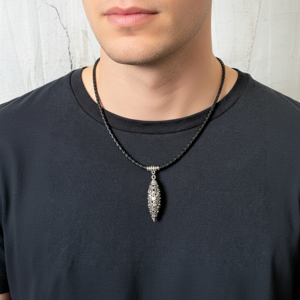 Mens Black Leather Silver Ornate Metal Charm Necklace On a Man.