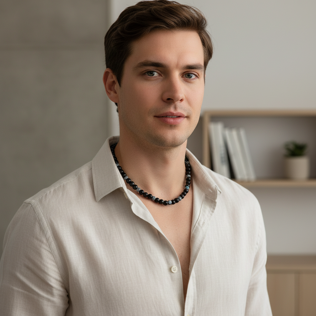 Mens Black Onyx & Agate Necklace On A Man.