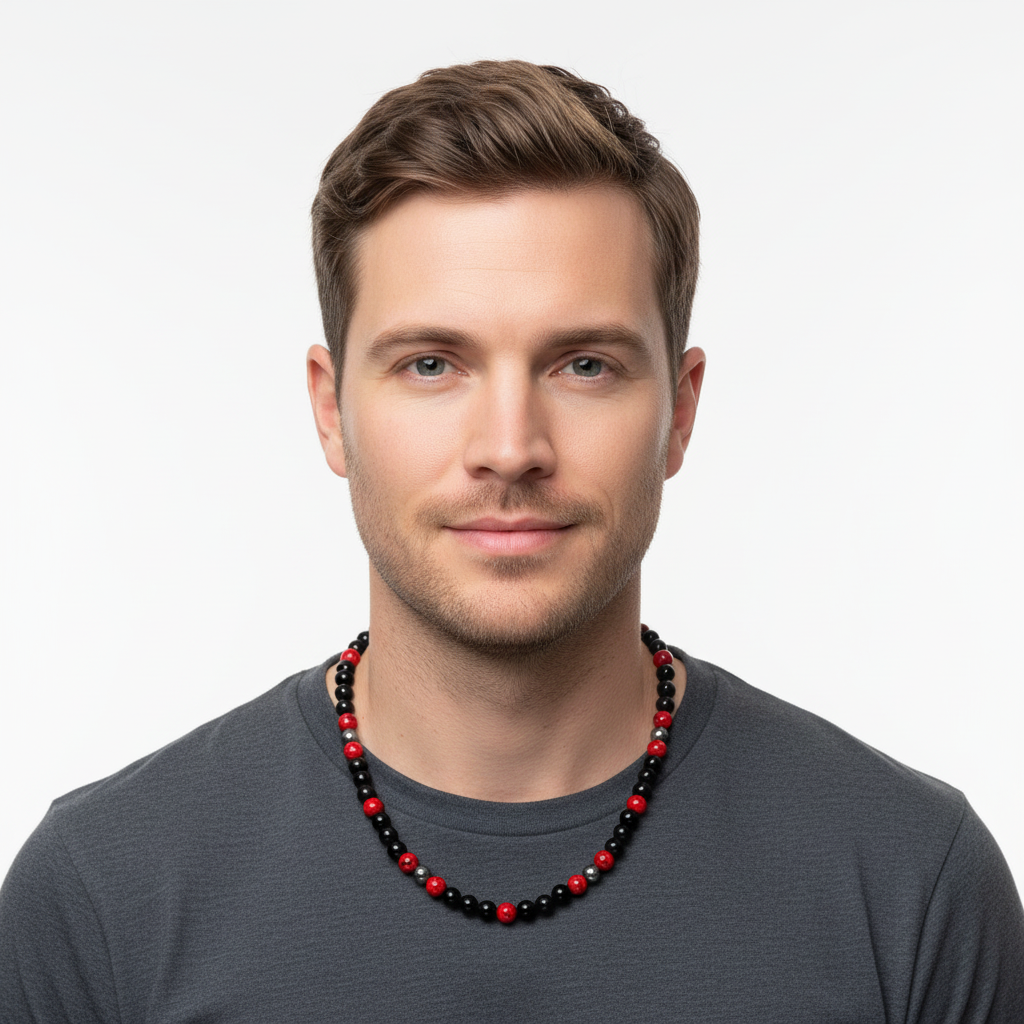 Mens Black Onyx and Red Mosaic Beaded Necklace On A Man.