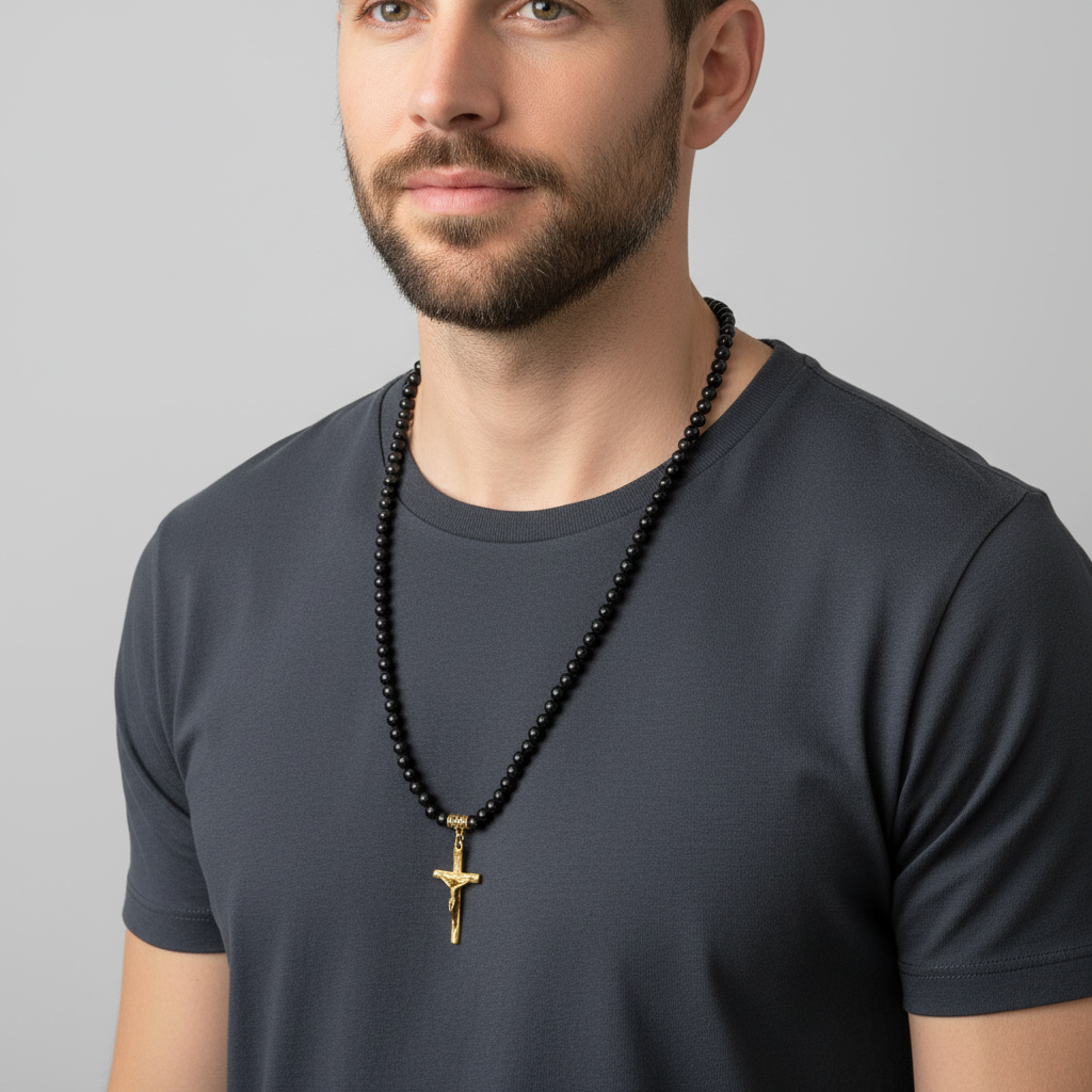 Mens Black Onyx Necklace On A Man.