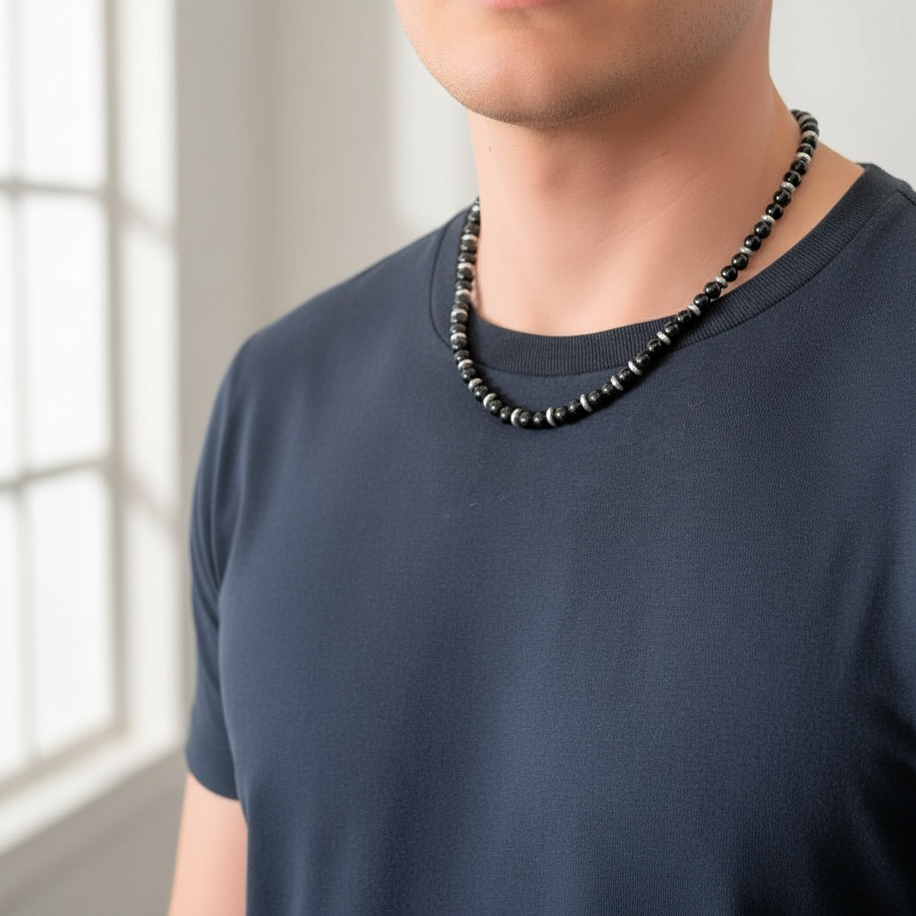 Men's Black Onyx Necklace On a Man.